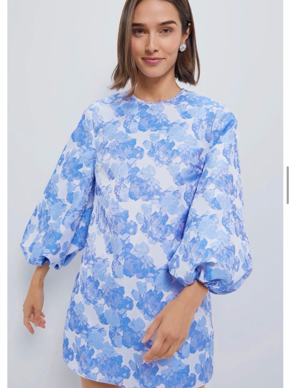 Blue Floral Mini Dress with Balloon Sleeves - Picture 3 of 3